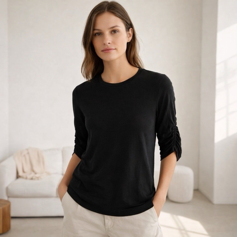 Goldie Lewinter Pima Cotton Ruched‎ Sleeve Tee Black XS Peru